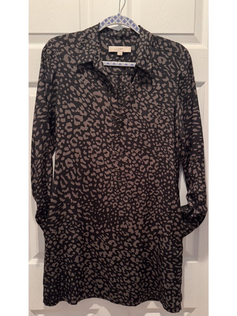 LOFT Leopard Print Shirt Dress Pockets Roll Tab Sleeves Size Small